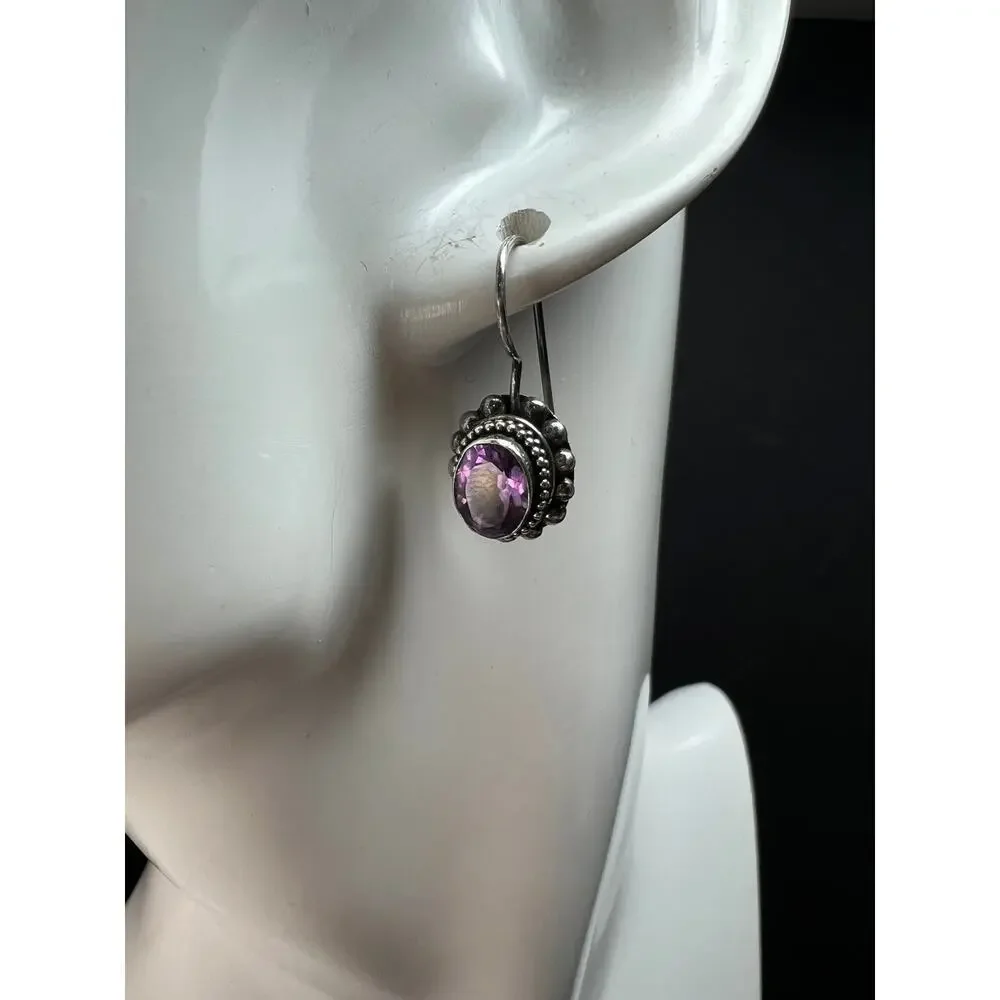 Vintage Balinese Sterling Silver Amethyst Drop Earrings Beaded Halo